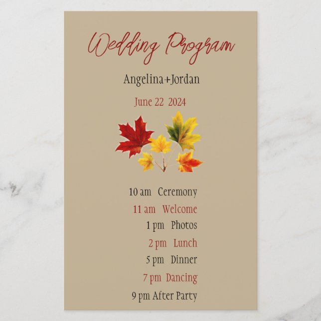 Vintage maple leaves- wedding Program Paper Sheet (Front)