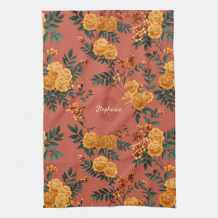 Vintage Marigold Calendula Floral Pattern Tea Towel
