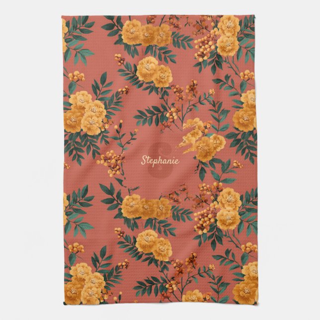 Vintage Marigold Calendula Floral Pattern Tea Towel (Vertical)