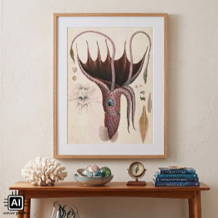 Vintage Marine Life Animals, Umbrella Squid Poster