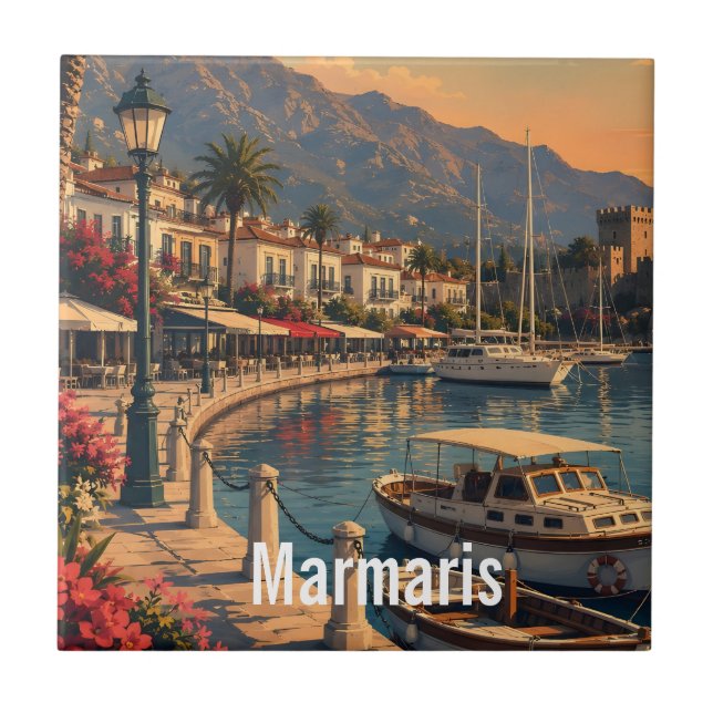 Vintage Marmaris Turkey Travel Poster Ceramic Tile (Front)