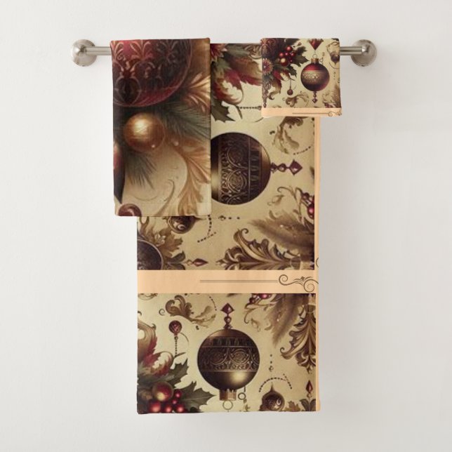 Vintage Maroon and Gold Christmas Bath Towel Set (Insitu)