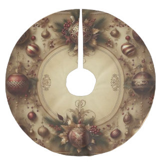 Vintage Maroon and Gold Christmas Brushed Polyester Tree Skirt