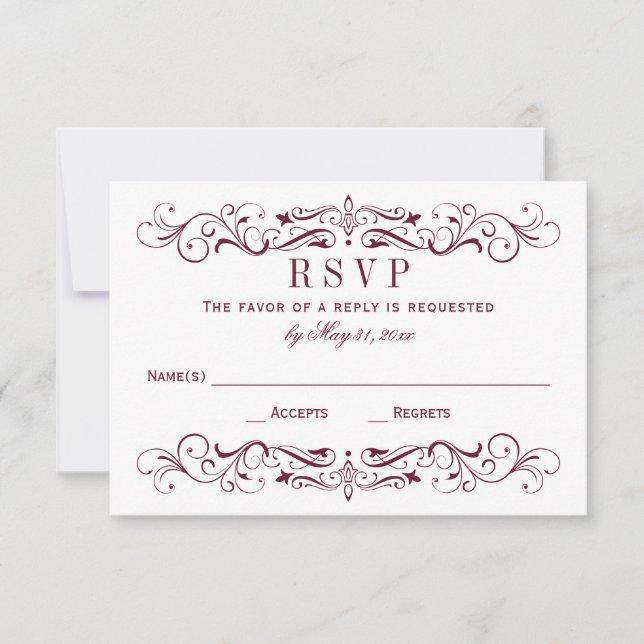 Vintage Maroon and Silver Flourish Wedding RSVP Card (Front)