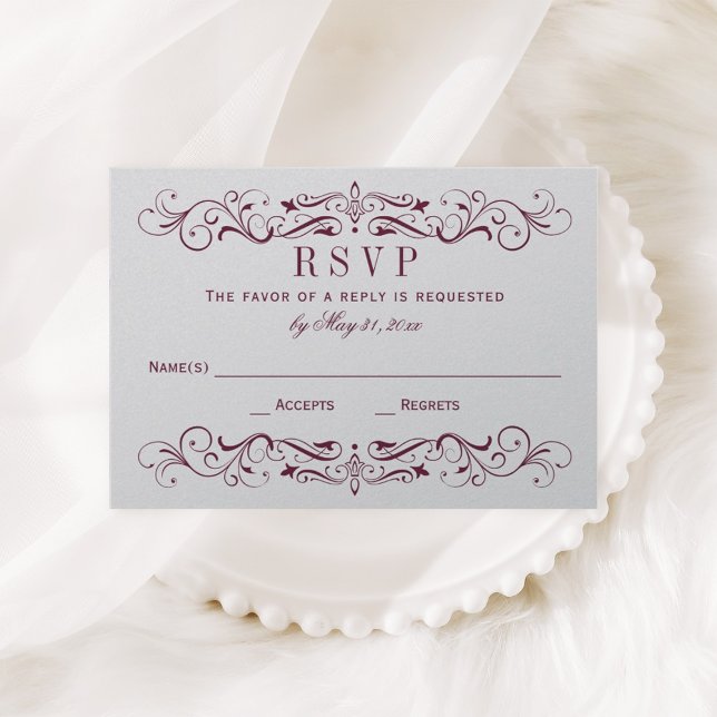 Vintage Maroon and Silver Flourish Wedding RSVP Card (Creator Uploaded)