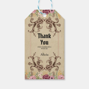 Vintage Maroon Gold Flower Parchment Thank You Gift Tags