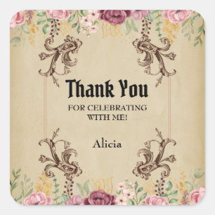 Vintage Maroon Gold Flower Parchment Thank You Square Sticker