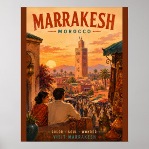 Vintage Marrakesh Morocco Travel Illustration with Poster