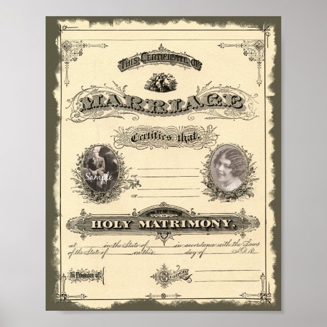 Vintage Marriage Certificate with Photo Frames Poster (Front)