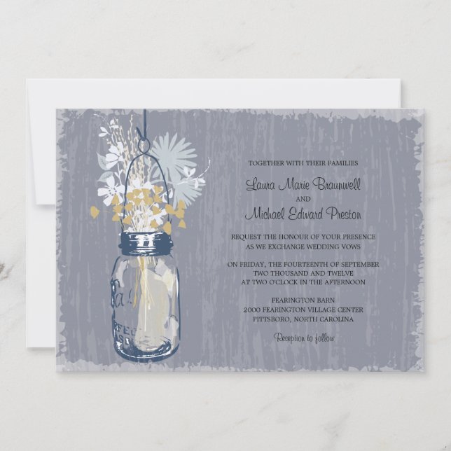 Vintage Mason Jar and Wildflowers Wedding Invitation (Front)