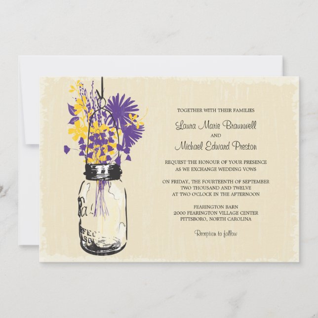 Vintage Mason Jar and Wildflowers Wedding Invitation (Front)
