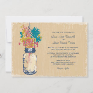 Vintage Mason Jar and Wildflowers Wedding Invitation