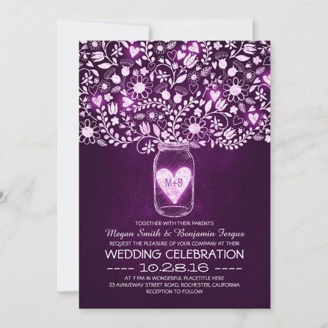 vintage mason jar purple flowers wedding invites (Front)