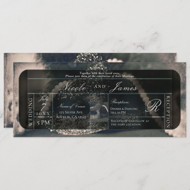 Vintage Masquerade & Pearls Wedding Invitation (Front/Back)