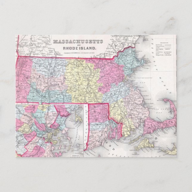 Vintage Massachusetts and Rhode Island Map (1855) Postcard (Front)