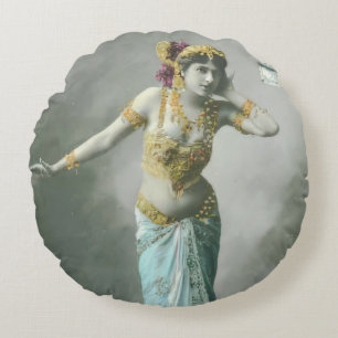 Vintage Mata Hari Postcard Round Cushion
