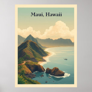 Vintage Maui, Hawaii Travel Illustration Poster