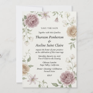 Vintage Mauve & Champagne Rose Botanical Elegant Invitation