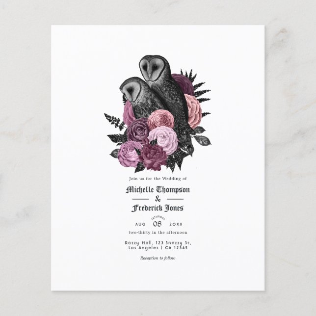 Vintage Mauve Owls Gothic Wedding Invitation Flyer (Front)