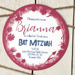 Vintage Mauve Pink, Navy Blue Bat Mitzvah Rustic Invitation<br><div class="desc">This unique round design with mauve pink wild flowers is attractive with a navy blue floral pattern on the back. Easily modify the text and transfer this design to labels and signs. This shade of pink is versatile for blush pink, rose pink, or heather mauve colour themes. A cute pink...</div>
