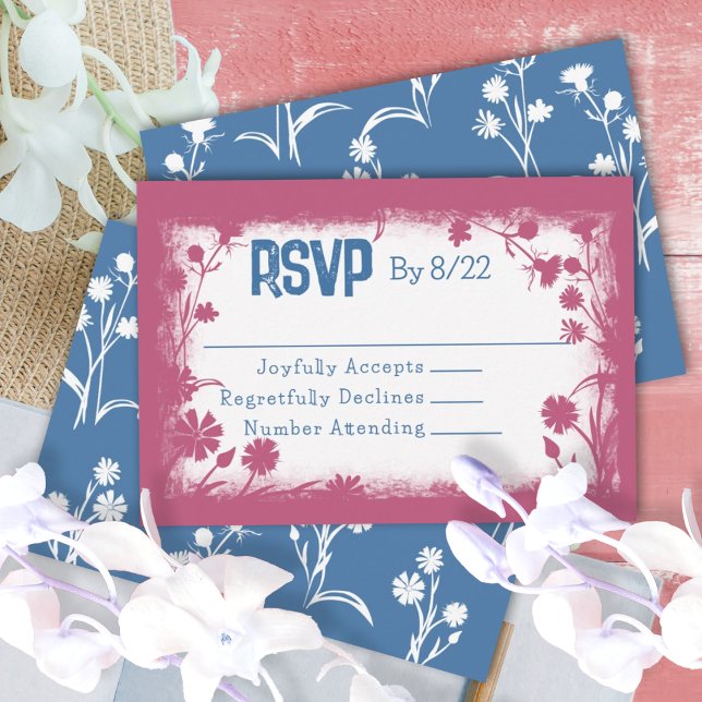 Vintage Mauve Pink Navy Blue RSVP Card (vintage floral mauve pink red and blue bat mitzvah jewish birthday party RSVP response reply card)