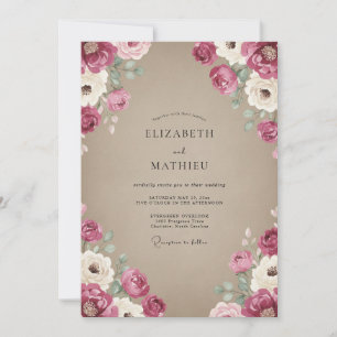 Vintage Mauve Taupe Ranunculus Eucalyptus Wedding Invitation