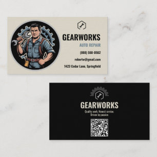 Vintage Mechanic Mascot QR Code Auto Repair Business Card
