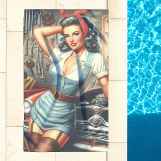 Vintage Mechanic Pin Up Beach Towel