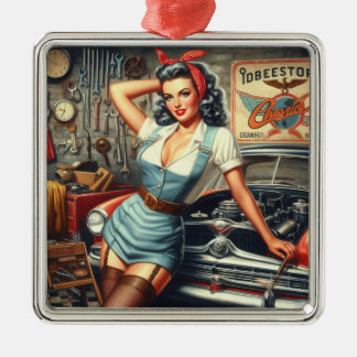 Vintage Mechanic Pin Up Metal Tree Decoration