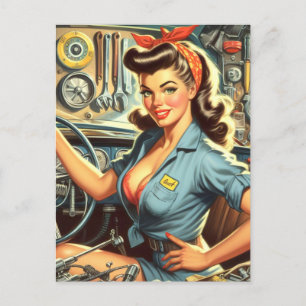 Vintage Mechanic Pin Up Postcard