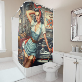 Vintage Mechanic Pin Up Shower Curtain