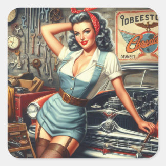Vintage Mechanic Pin Up Square Sticker
