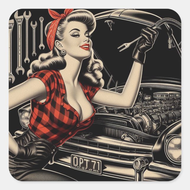 Vintage Mechanic Pin Up Square Sticker (Front)