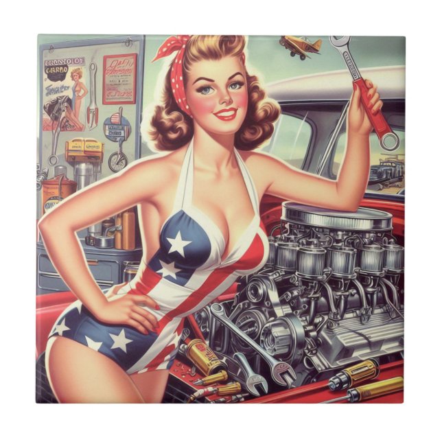 Vintage Mechanic Pin-up Tile (Front)