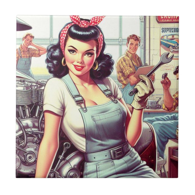 Vintage Mechanic Pin-up Tile (Front)