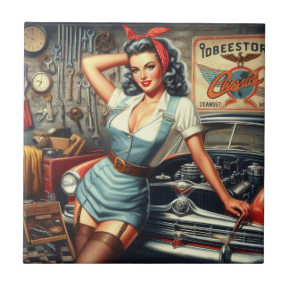 Vintage Mechanic Pin Up Tile