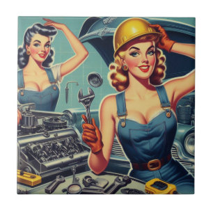 Vintage Mechanic Pin Up Tile