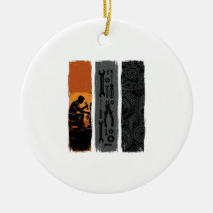 Vintage Mechanic Tools Gear Triptych Shirt Design_ Ceramic Tree Decoration
