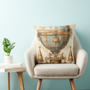 Vintage Mechanical Airship Blue Globe Sepia Cushion