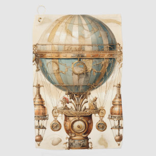 Vintage Mechanical Airship Blue Globe Sepia Golf Towel