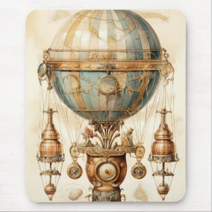 Vintage Mechanical Airship Blue Globe Sepia Mouse Pad