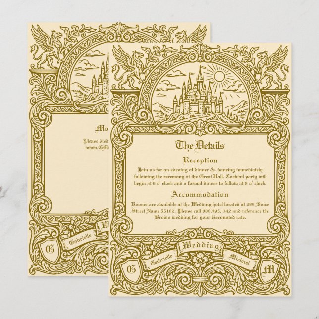 Vintage Mediaeval Fantasy Gold Engraved Wedding Enclosure Card (Front/Back)