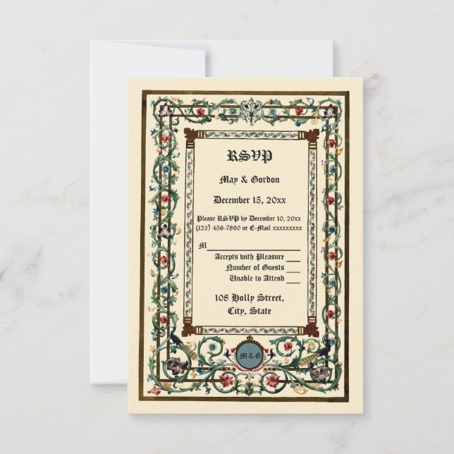 Vintage "Mediaeval" Illuminated Wedding RSVP Card (Front)