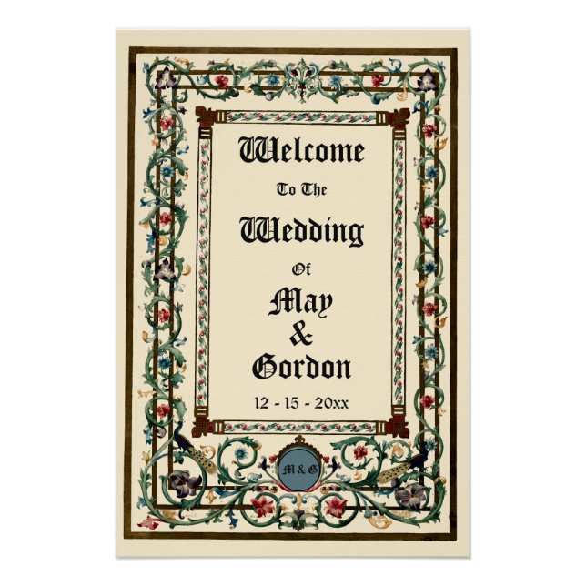 Vintage "Mediaeval" Illuminated Wedding Welcome Poster (Front)