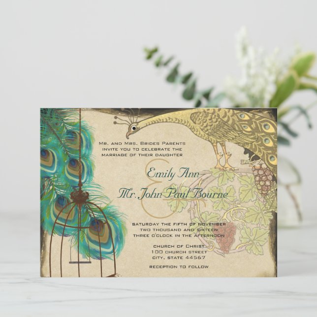 Vintage Mediaeval Peacock Birdcage Feather Wedding Invitation (Standing Front)