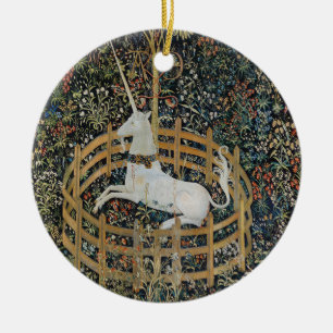 Vintage Mediaeval Unicorn in Captivity Art Ceramic Tree Decoration