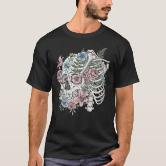 Vintage medical anatomy skull flower T-Shirt