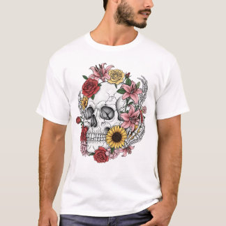 Vintage medical anatomy skull flower T-Shirt