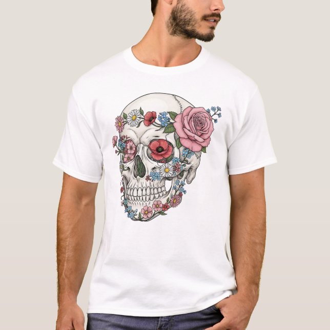 Vintage medical anatomy skull flower  T-Shirt (Front)