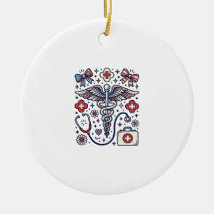 Vintage Medical Caduceus Patriotic Nurse Vector De Ceramic Tree Decoration